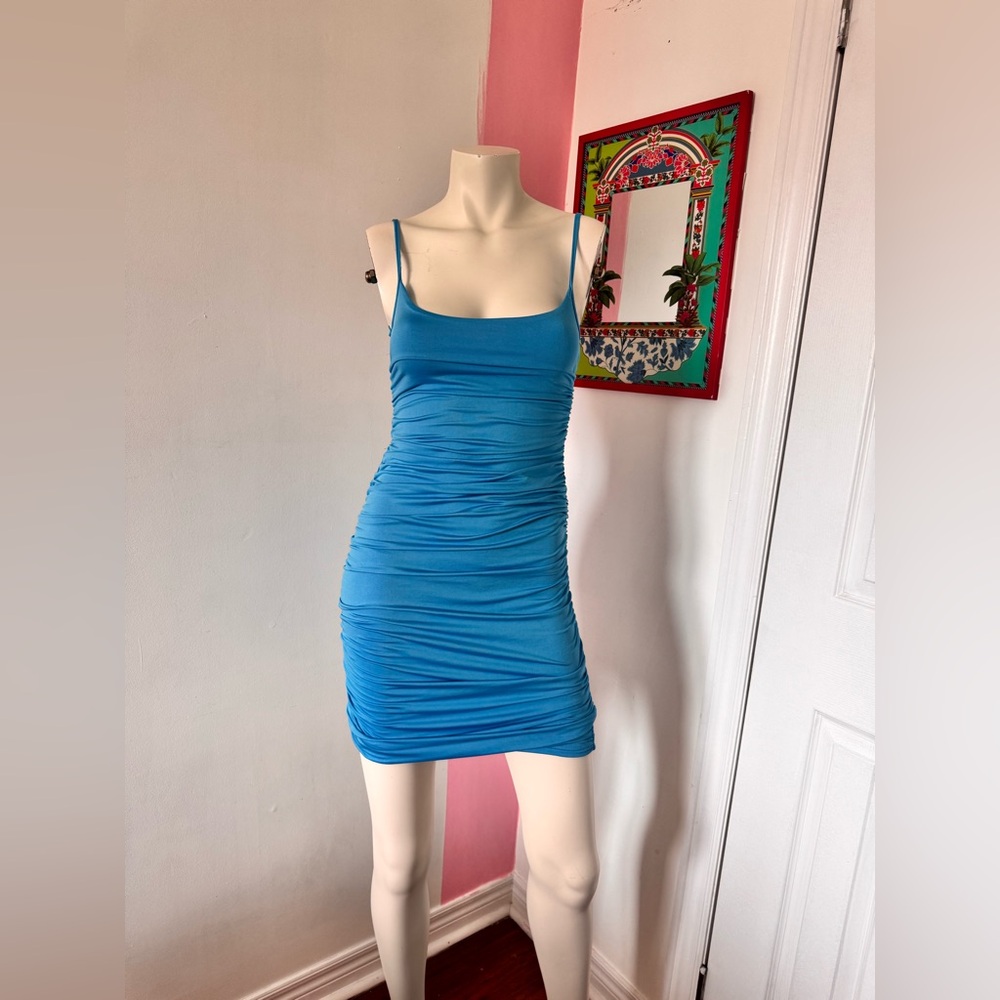 Elegant Blue Ruched Criss Cross Tie Back Dress